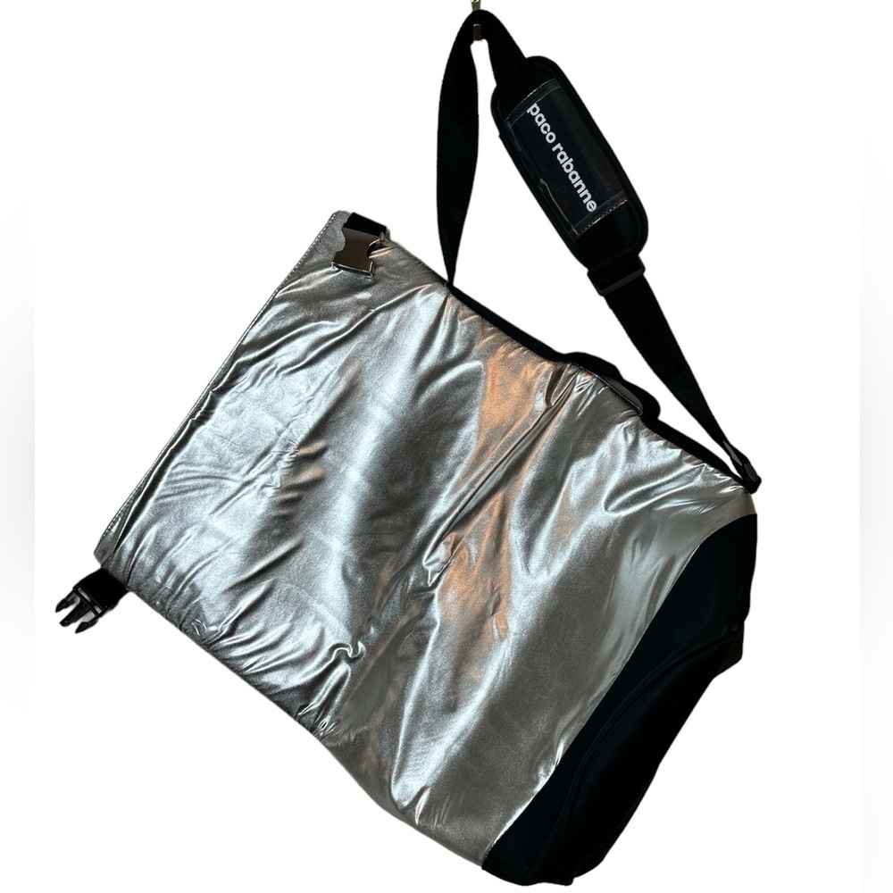PACO RABANNE Shiny Silver Designer Tote Bag Faux